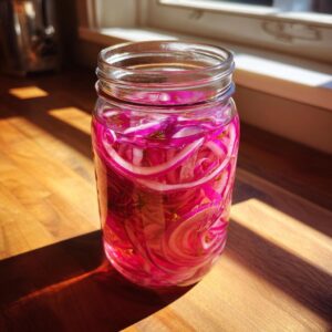 A jar filled with vibrant, homemade pickled red onions sitting on a wooden surface, bathed in natural light.