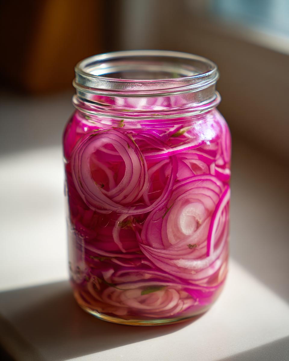 A glass jar filled with vibrant, homemade pickled red onions in brine.