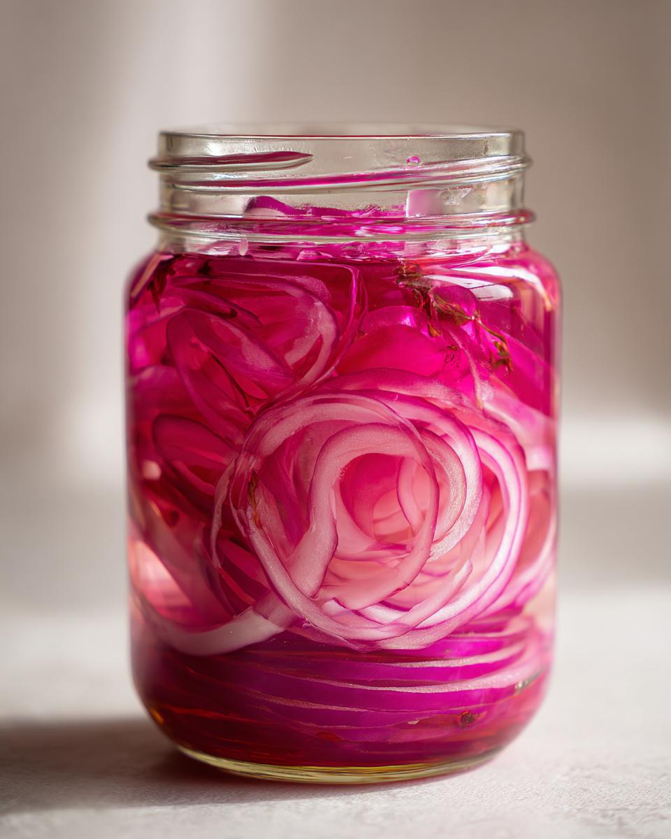 Close-up of a glass jar filled with vibrant, homemade pickled red onions.