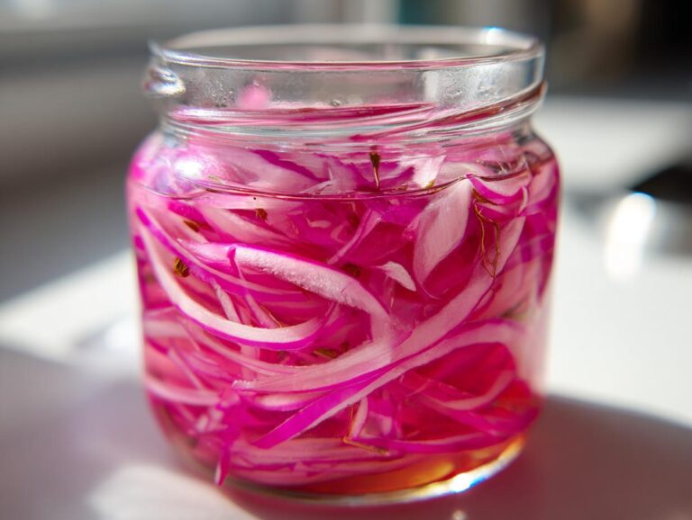 Close-up of a glass jar filled with vibrant pickled red onions in a clear brine.