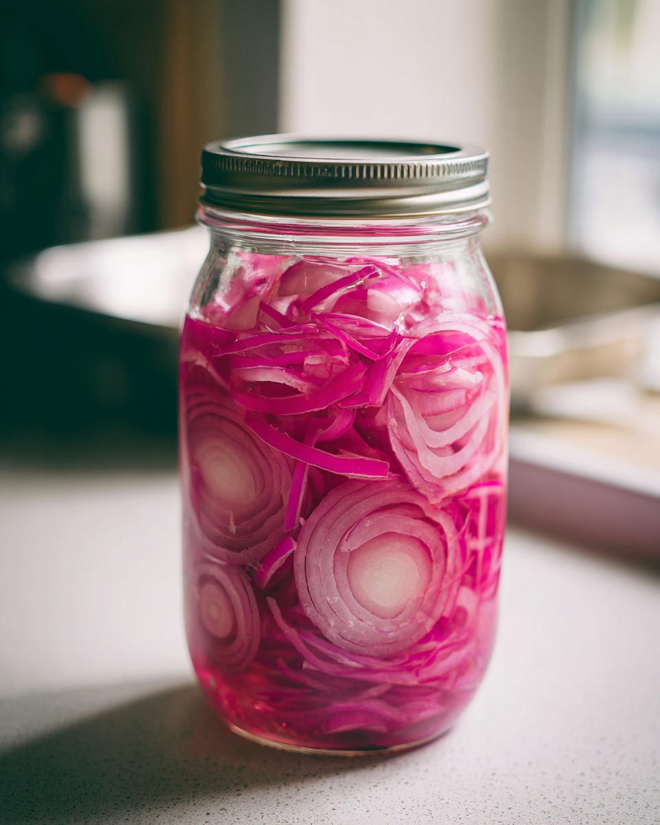 A mason jar filled with vibrant, homemade pickled red onions. Ready to add a flavor boost to any meal.