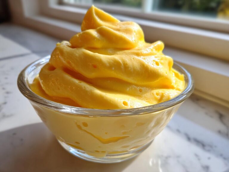A close-up of a creamy Pineapple Dole Whip dessert served in a clear glass bowl.