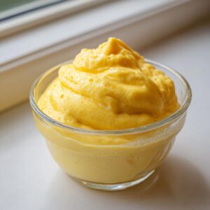 A close-up of creamy, yellow Pineapple Dole Whip served in a clear glass bowl.