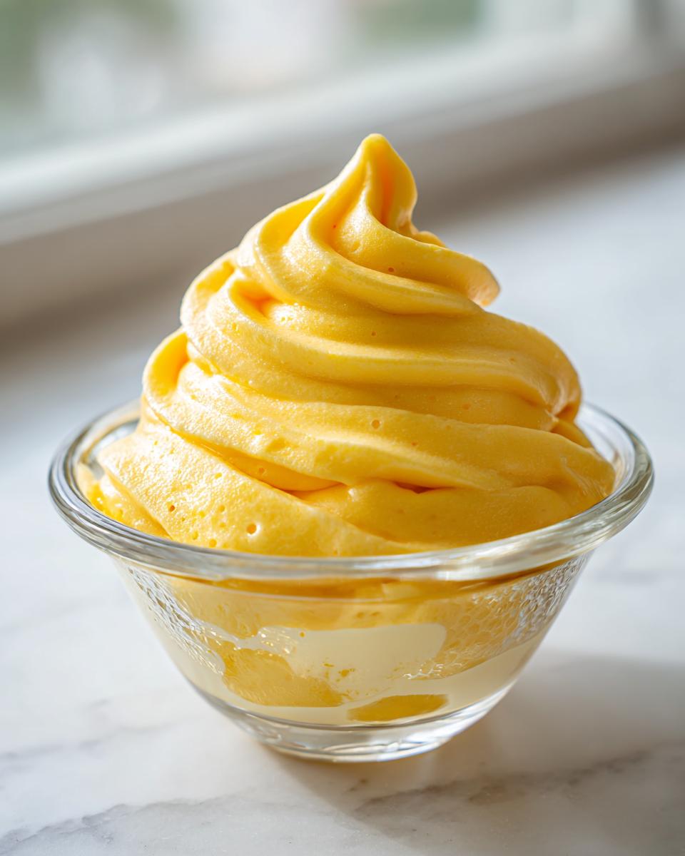 Close-up of a swirl of yellow Pineapple Dole whip in a clear glass bowl, set against a bright background.