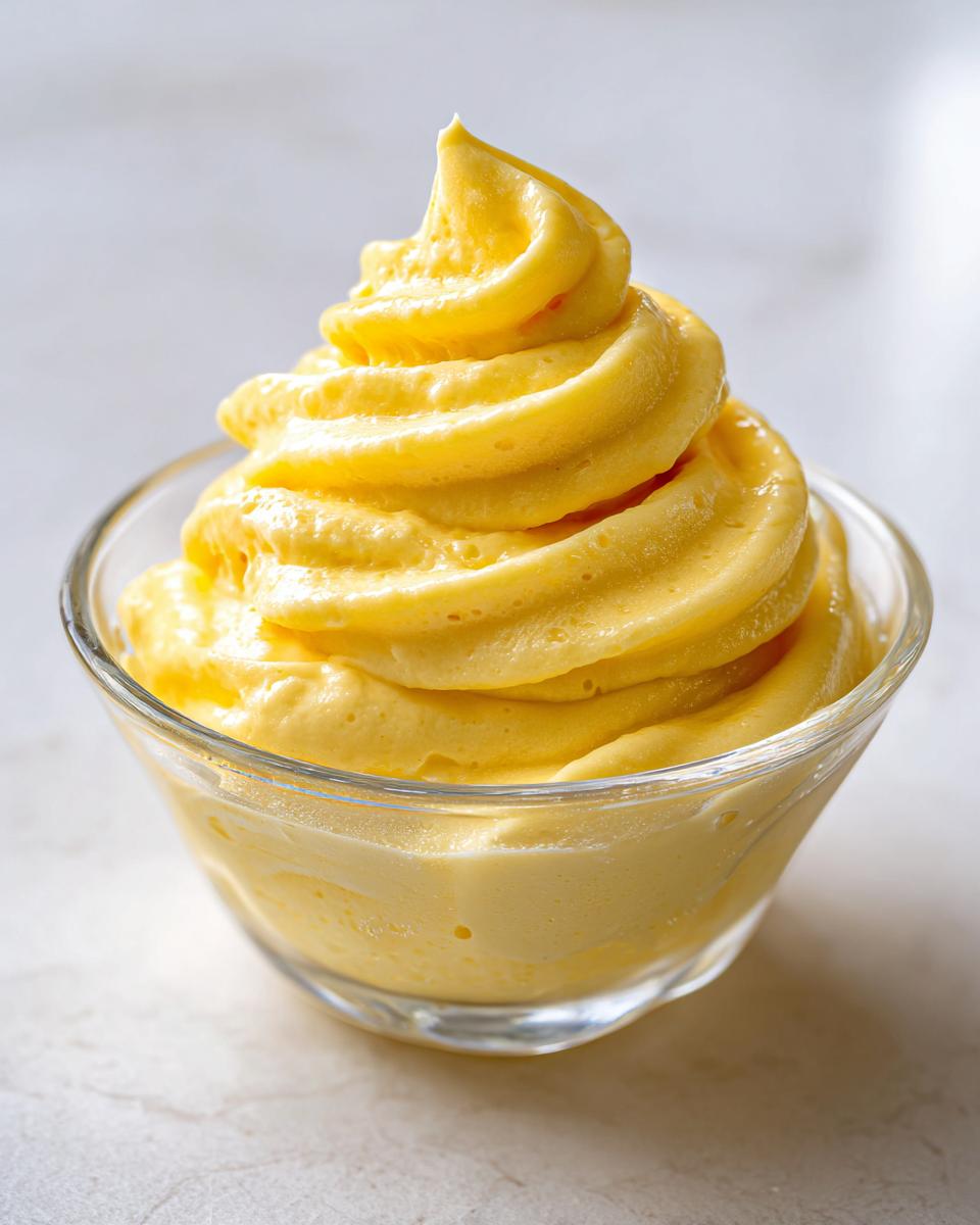 Close-up of a creamy Pineapple Dole Whip dessert served in a clear glass bowl.