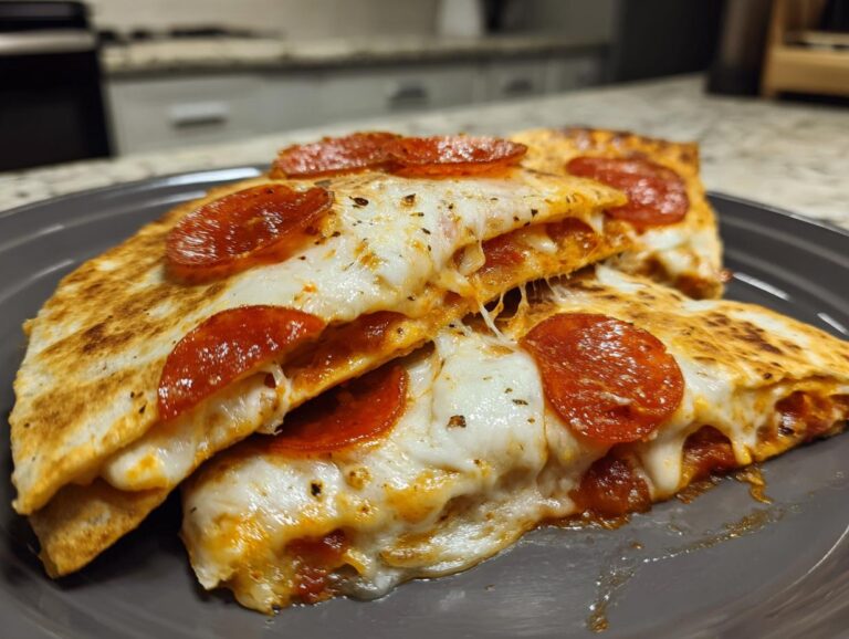 Close-up of stacked pizza quesadillas featuring melted cheese and pepperoni on a gray plate.