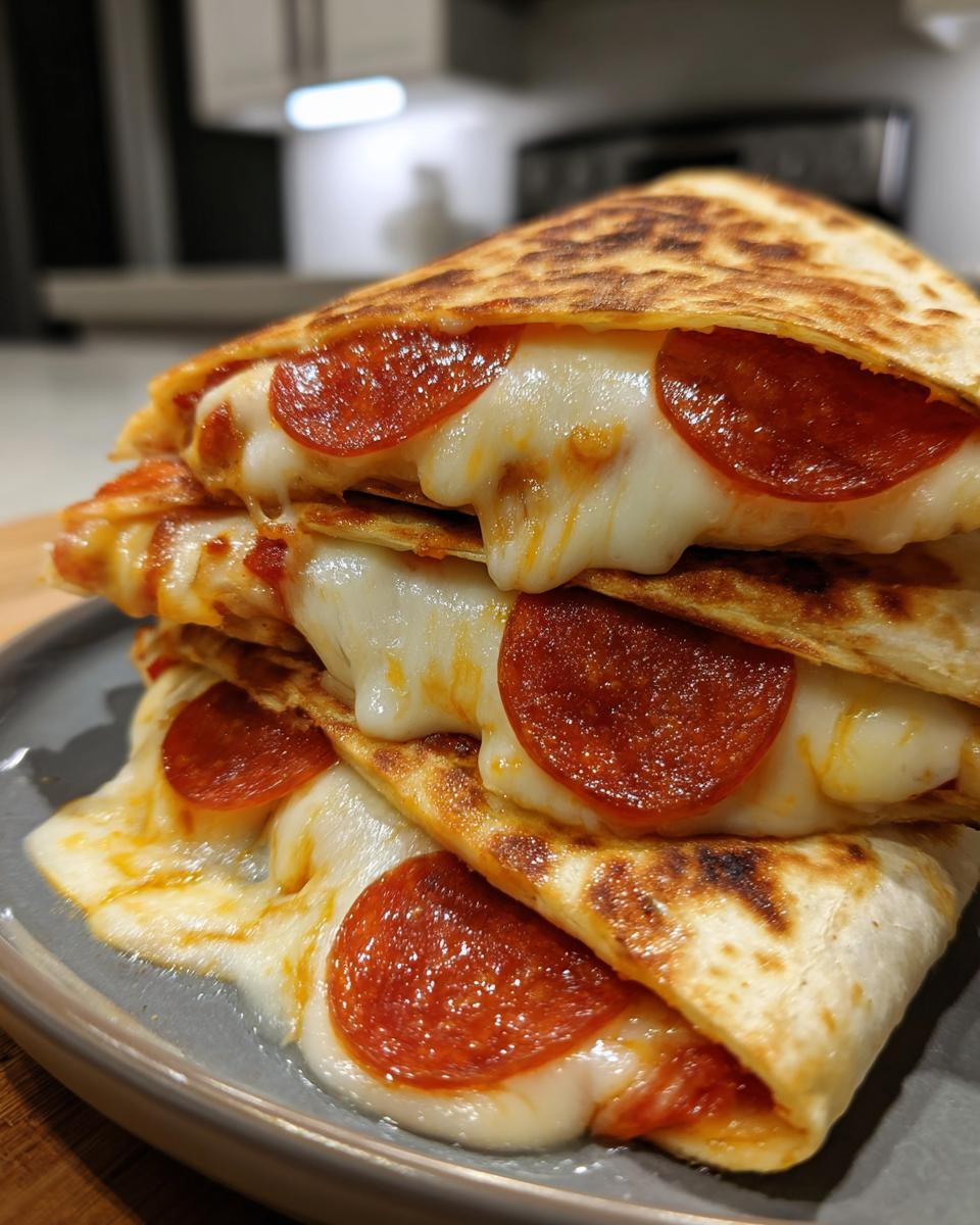 A stack of golden pizza quesadillas filled with melted cheese and pepperoni slices.