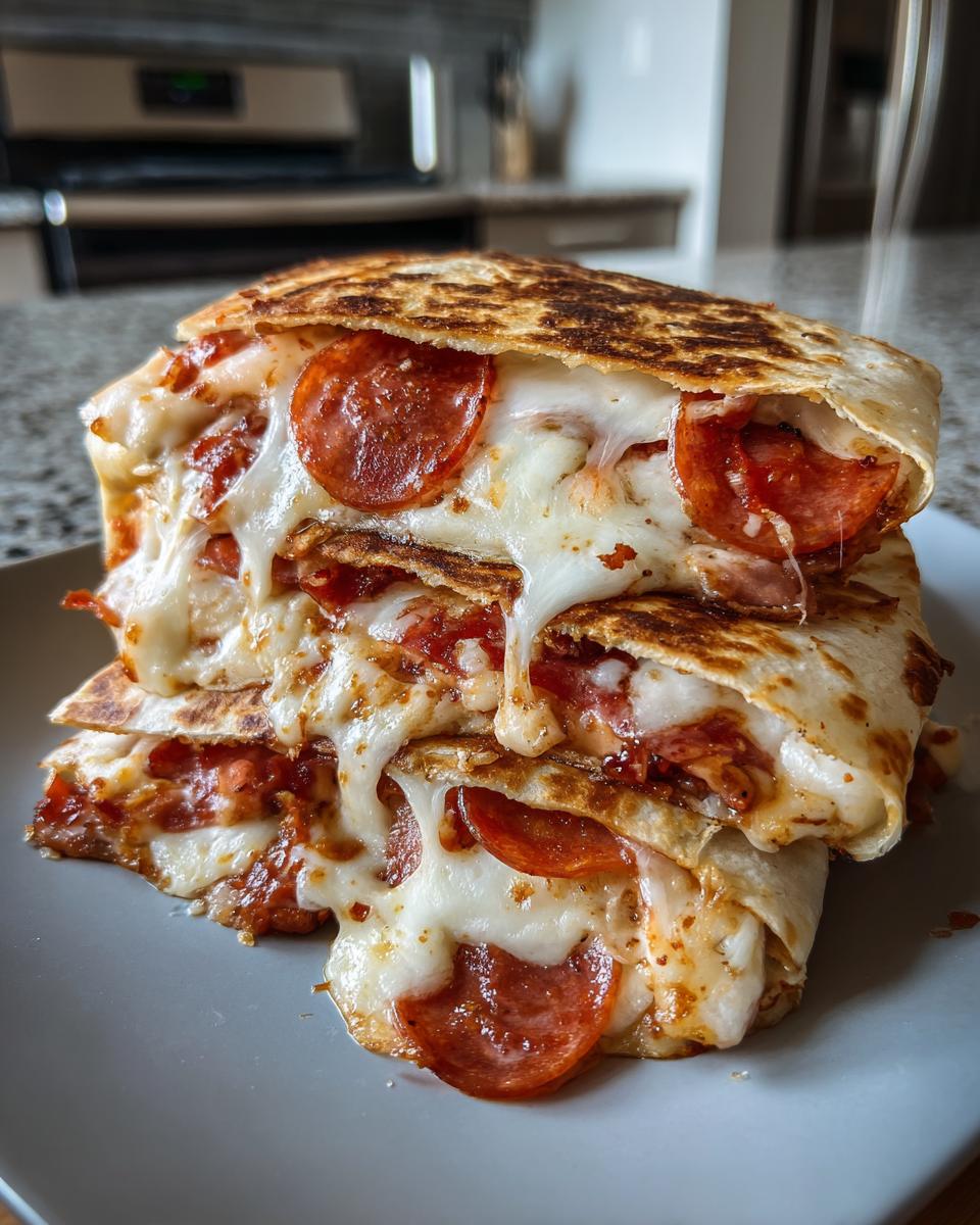 A stack of cheesy pizza quesadillas with pepperoni, dripping with melted mozzarella.