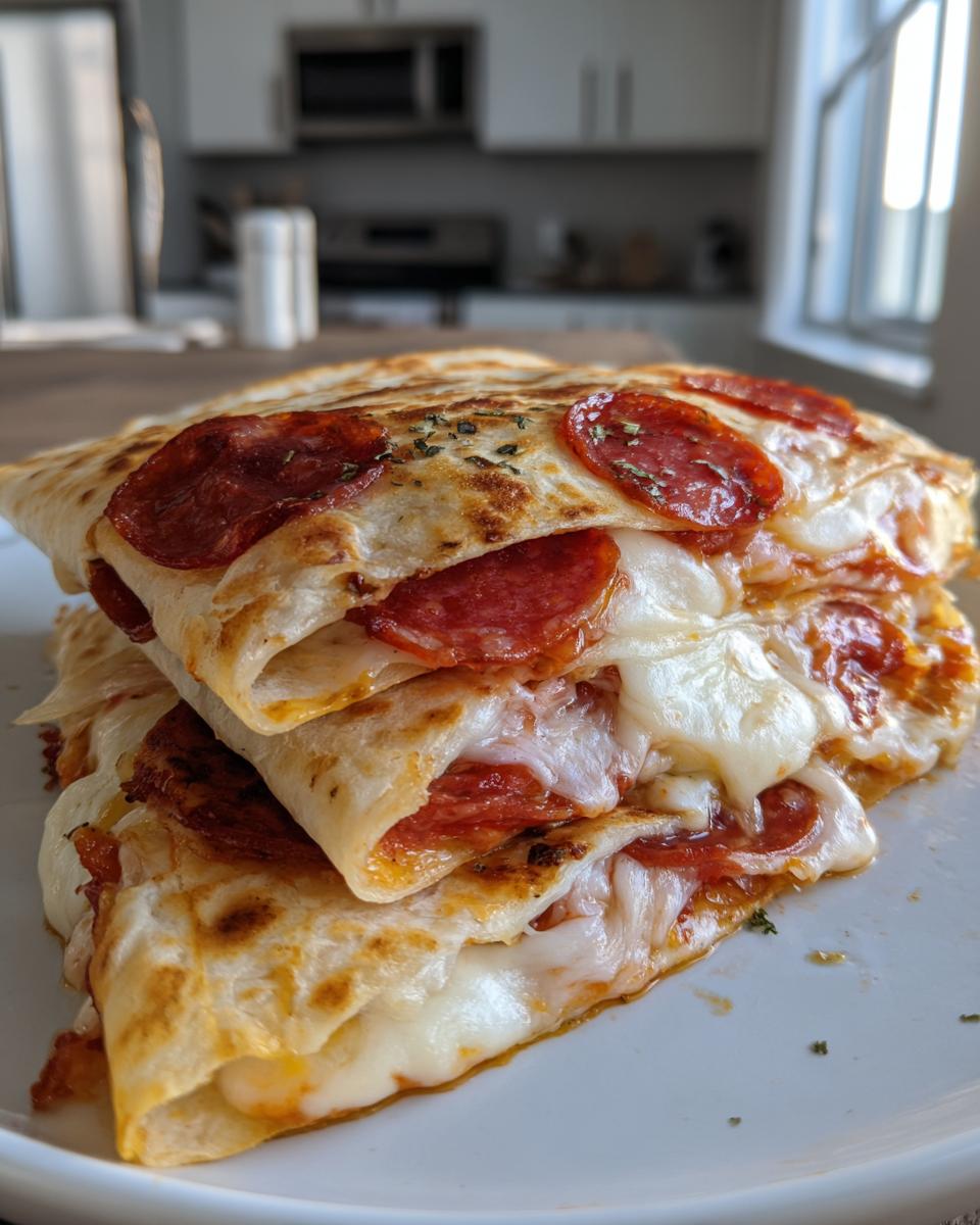 A stack of three pizza quesadillas filled with melted cheese and pepperoni.