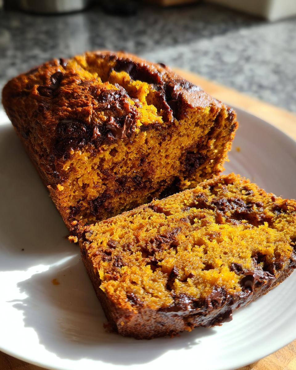 A loaf of pumpkin banana bread with chocolate chips, with a slice cut, sitting on a white plate.