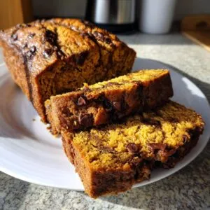 A loaf of pumpkin banana bread with chocolate chips, sliced and arranged on a white plate.