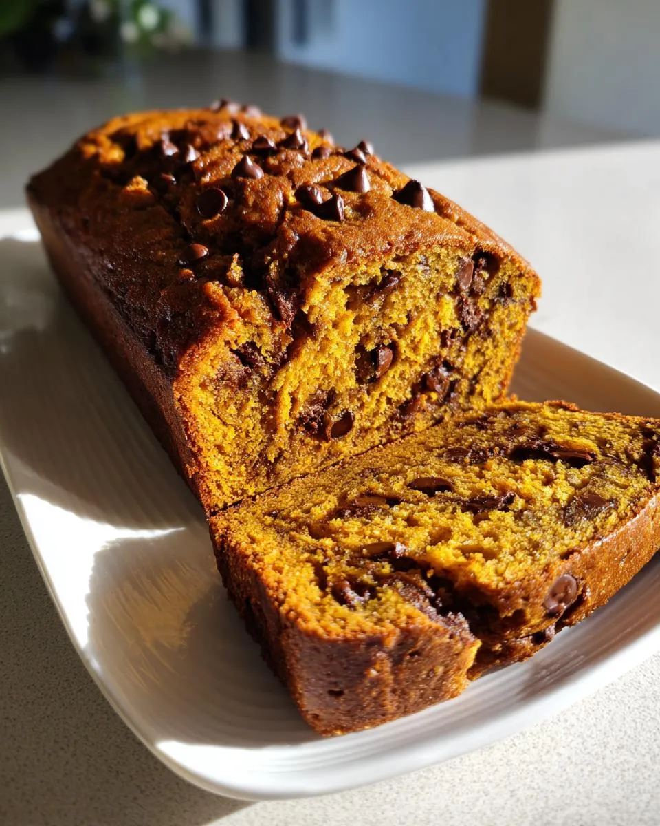 A loaf of pumpkin banana bread with chocolate chips, partially sliced, on a white plate.