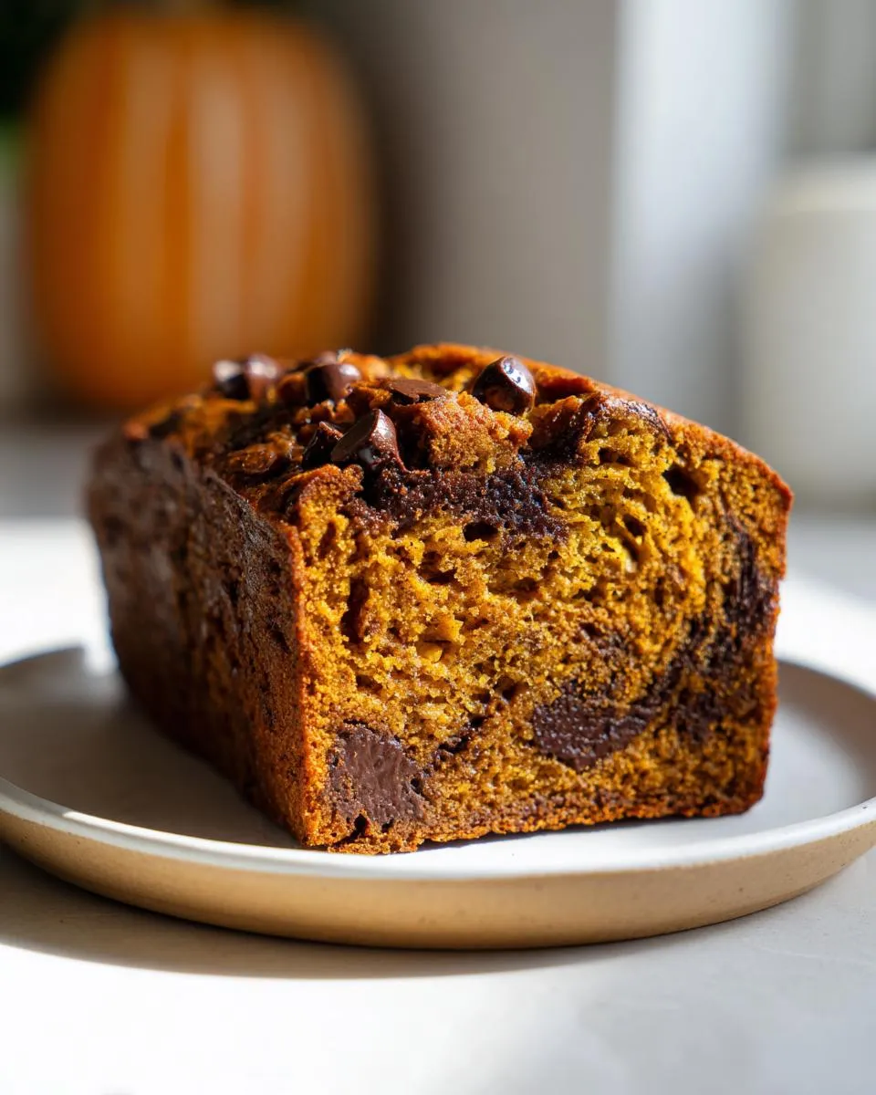 A loaf of pumpkin banana bread with chocolate chips, sitting on a plate.