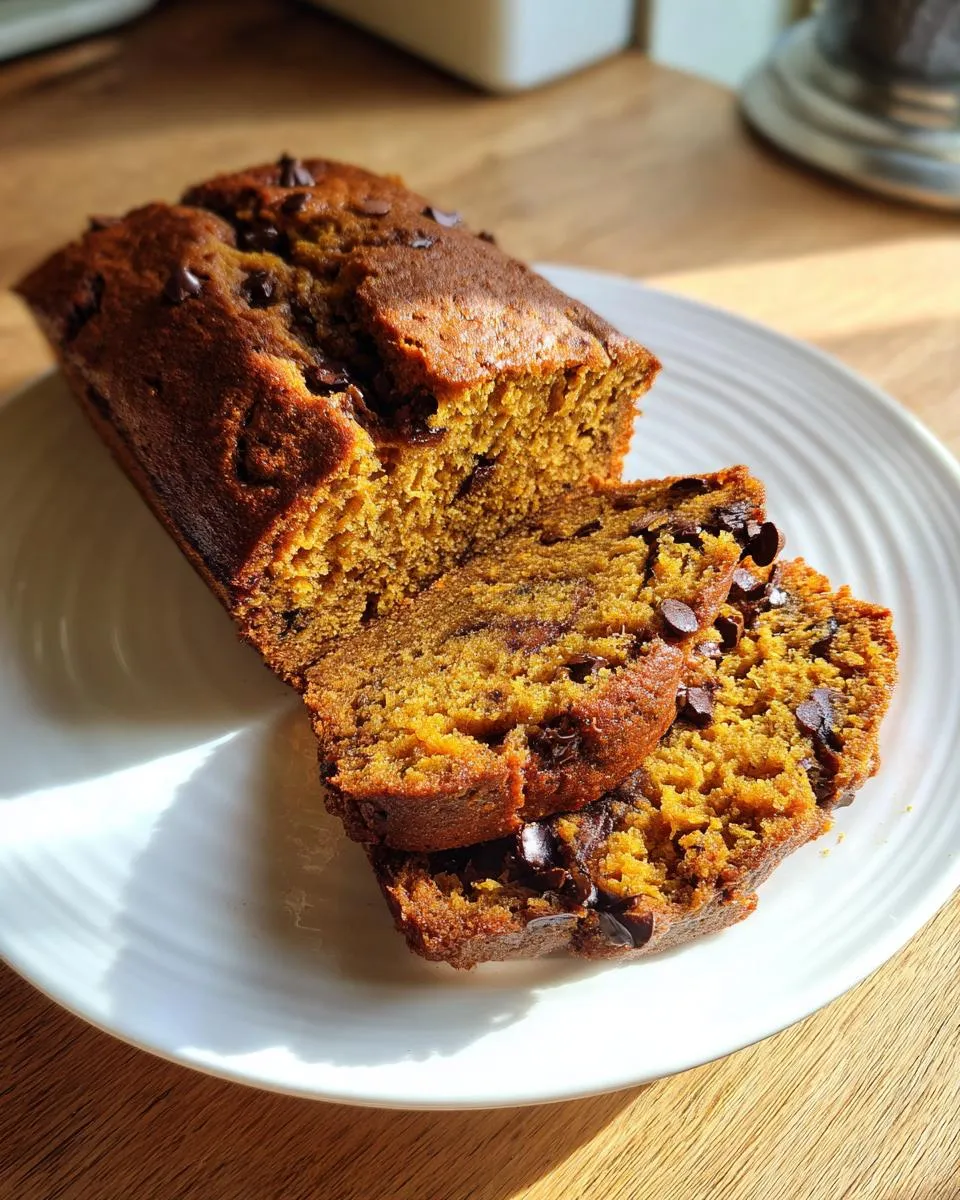 A loaf of pumpkin banana bread sliced on a white plate, topped with chocolate chips.