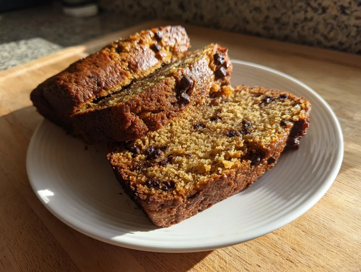 Two slices of pumpkin banana bread with chocolate chips on a white plate, ready to eat.