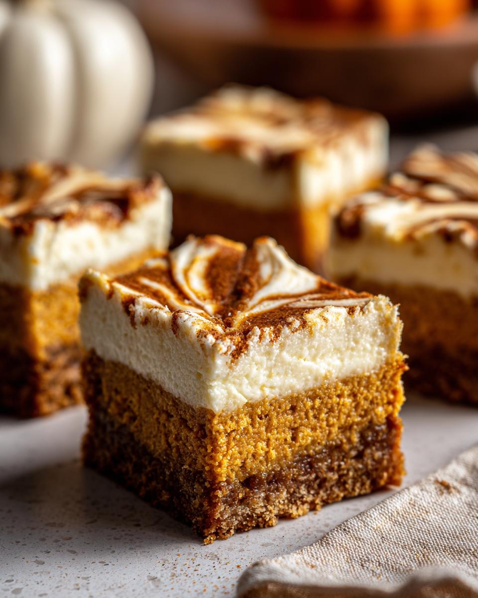 Close-up of pumpkin cheesecake bars, showcasing the three distinct layers and swirl design.