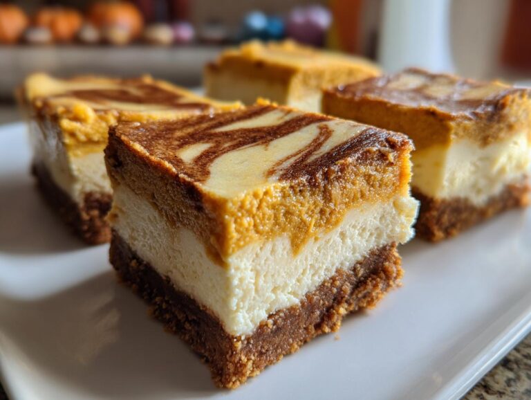 Close-up of 3-layer pumpkin cheesecake bars with a graham cracker crust, cheesecake filling, and pumpkin swirl topping.