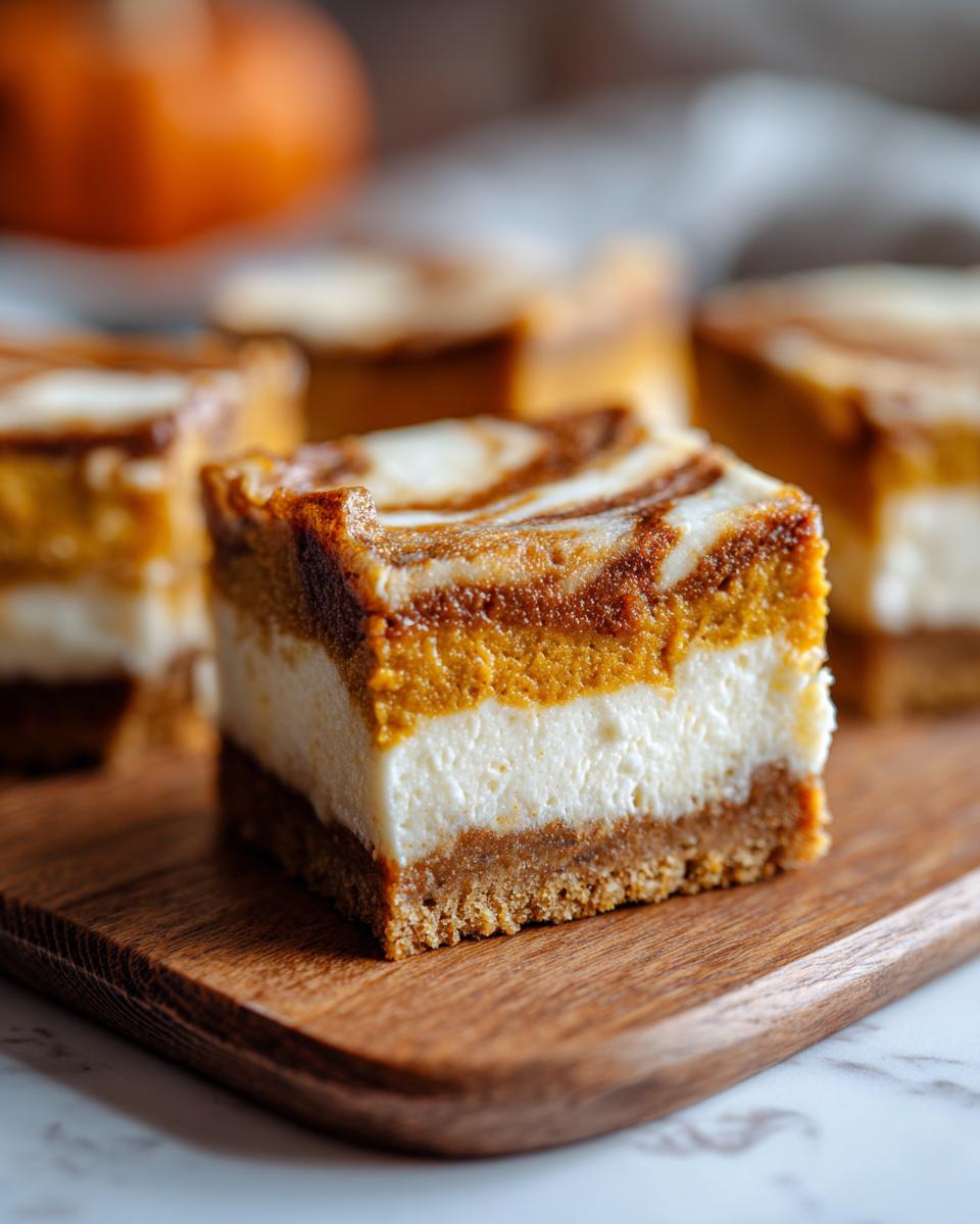Close-up of a 3-layer pumpkin cheesecake bars on a wooden board, showcasing the crust, cheesecake, and pumpkin layers.