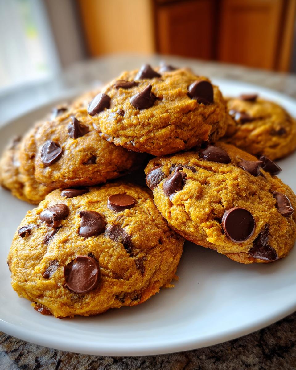 A stack of soft pumpkin chocolate chip cookies on a white plate, showcasing the chocolate chips.