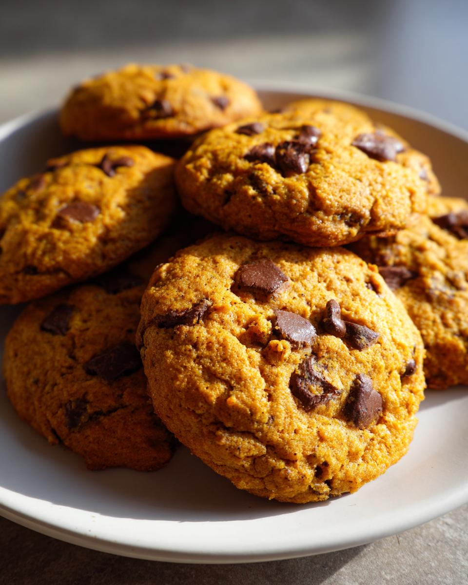 A tempting pile of freshly baked pumpkin chocolate chip cookies on a white plate.