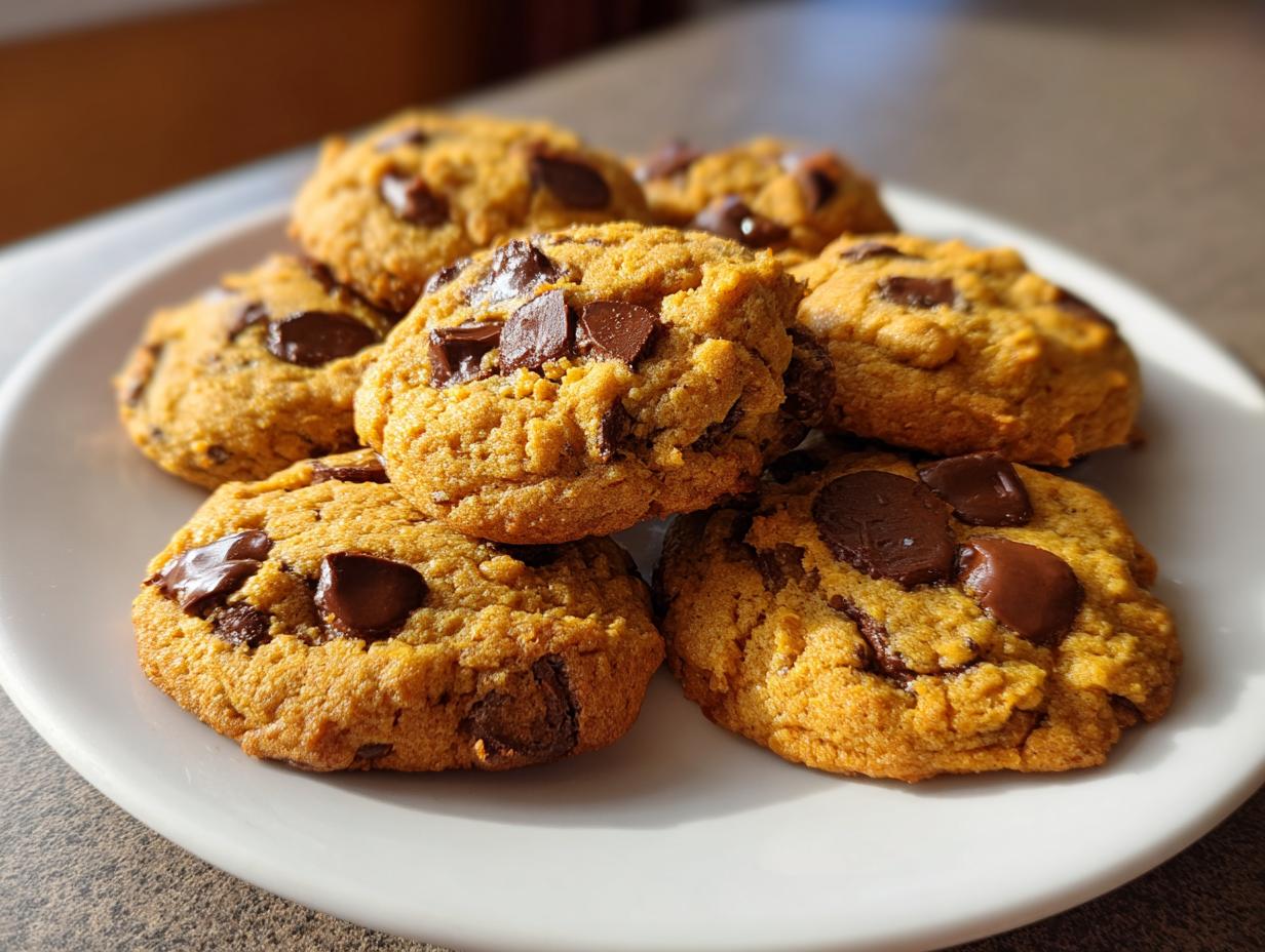 A stack of soft, homemade pumpkin chocolate chip cookies on a white plate, ready to eat.