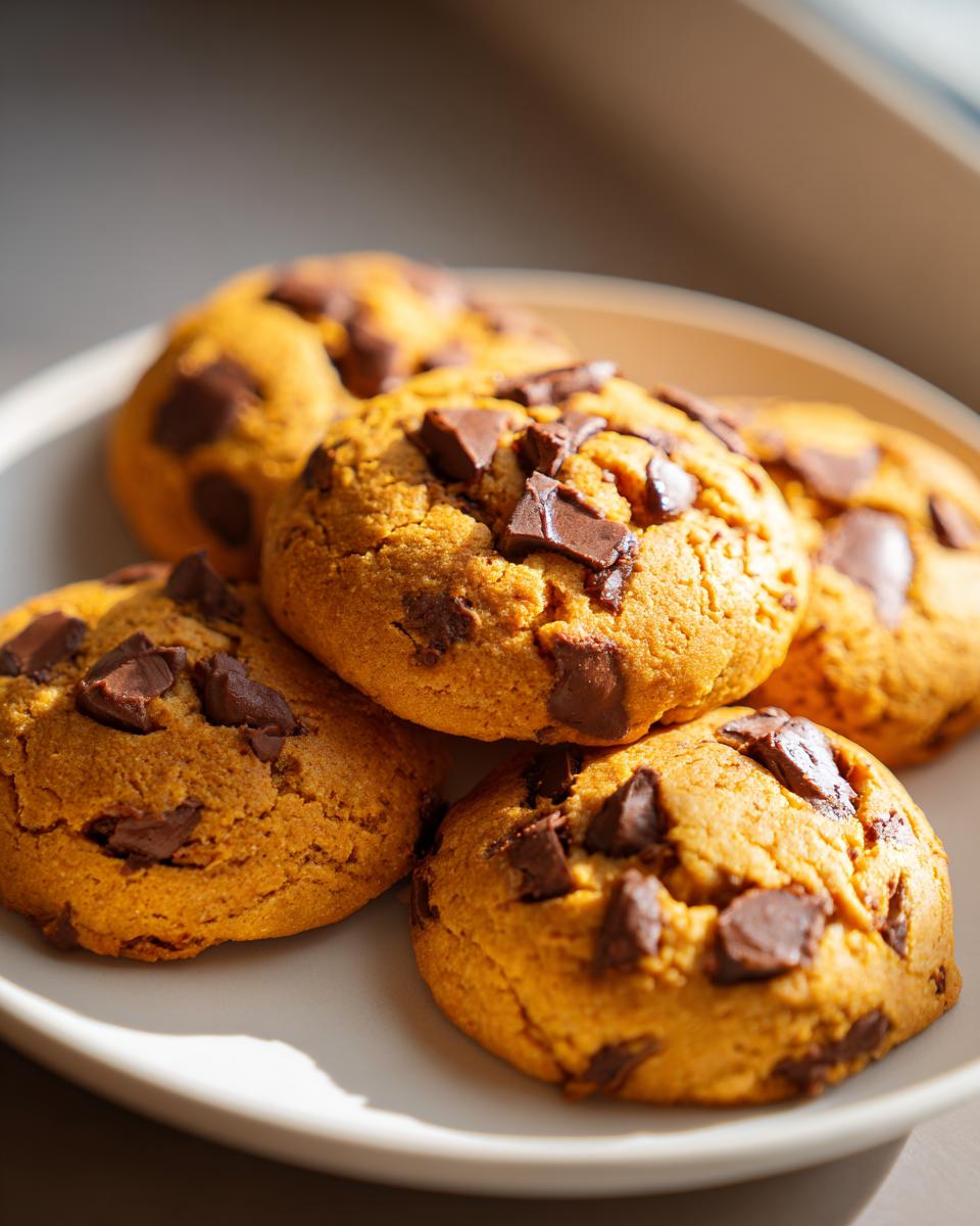 A plate of freshly baked pumpkin chocolate chip cookies, golden brown with melted chocolate chunks.