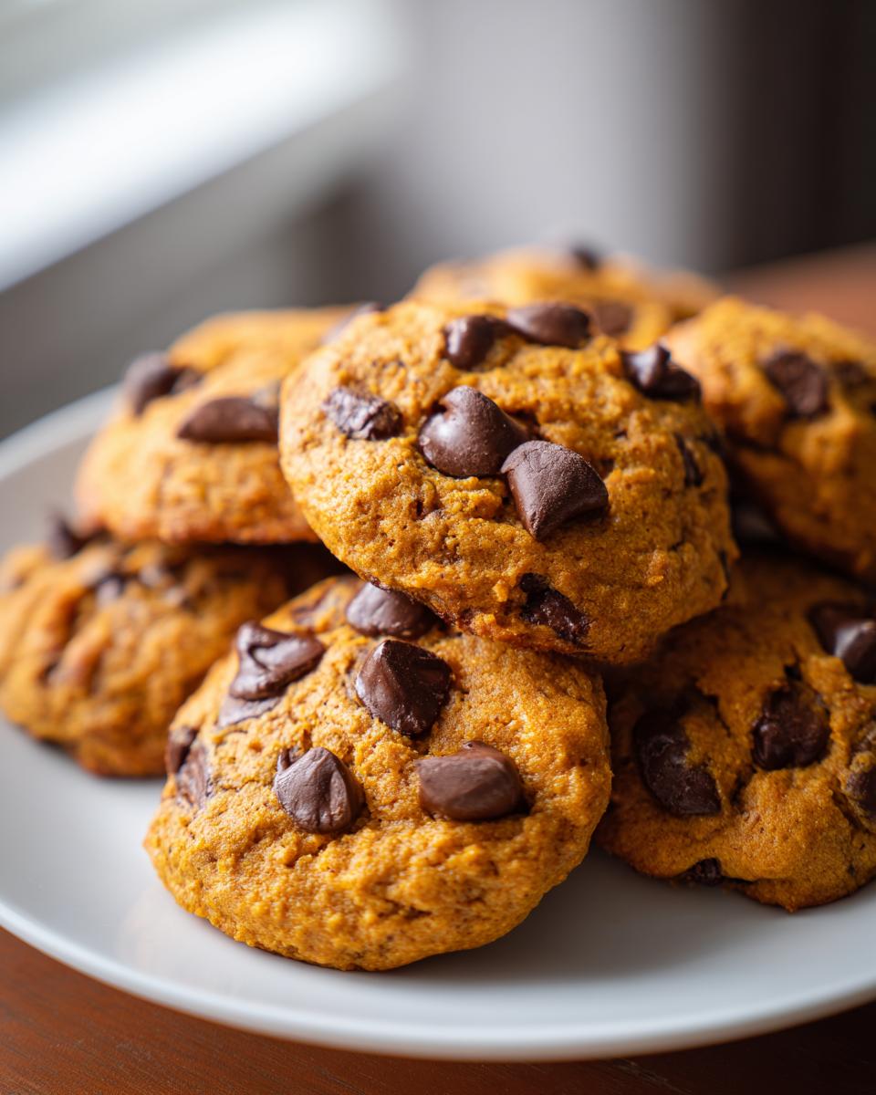 A stack of soft pumpkin chocolate chip cookies on a white plate, showcasing the chocolate chips.