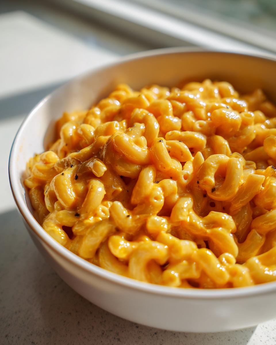 Bowl of creamy pumpkin mac and cheese, featuring elbow macaroni in a rich, orange-colored sauce.