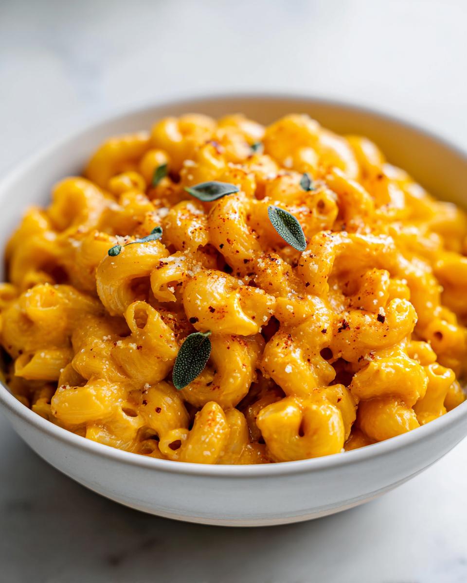 A bowl of creamy pumpkin mac and cheese, garnished with sage and spices.