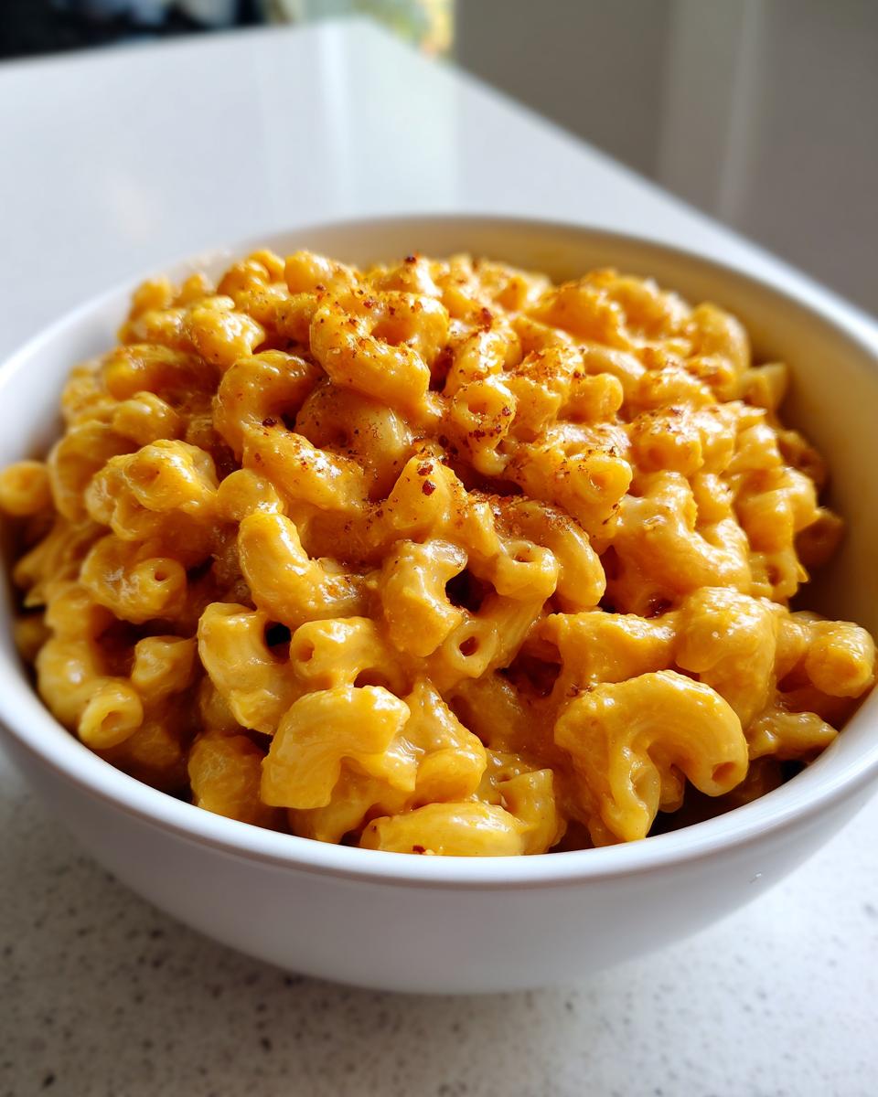 A bowl of creamy pumpkin mac and cheese, topped with a sprinkle of spices.