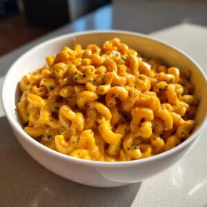 Bowl of creamy pumpkin mac and cheese, topped with herbs, ready to eat.