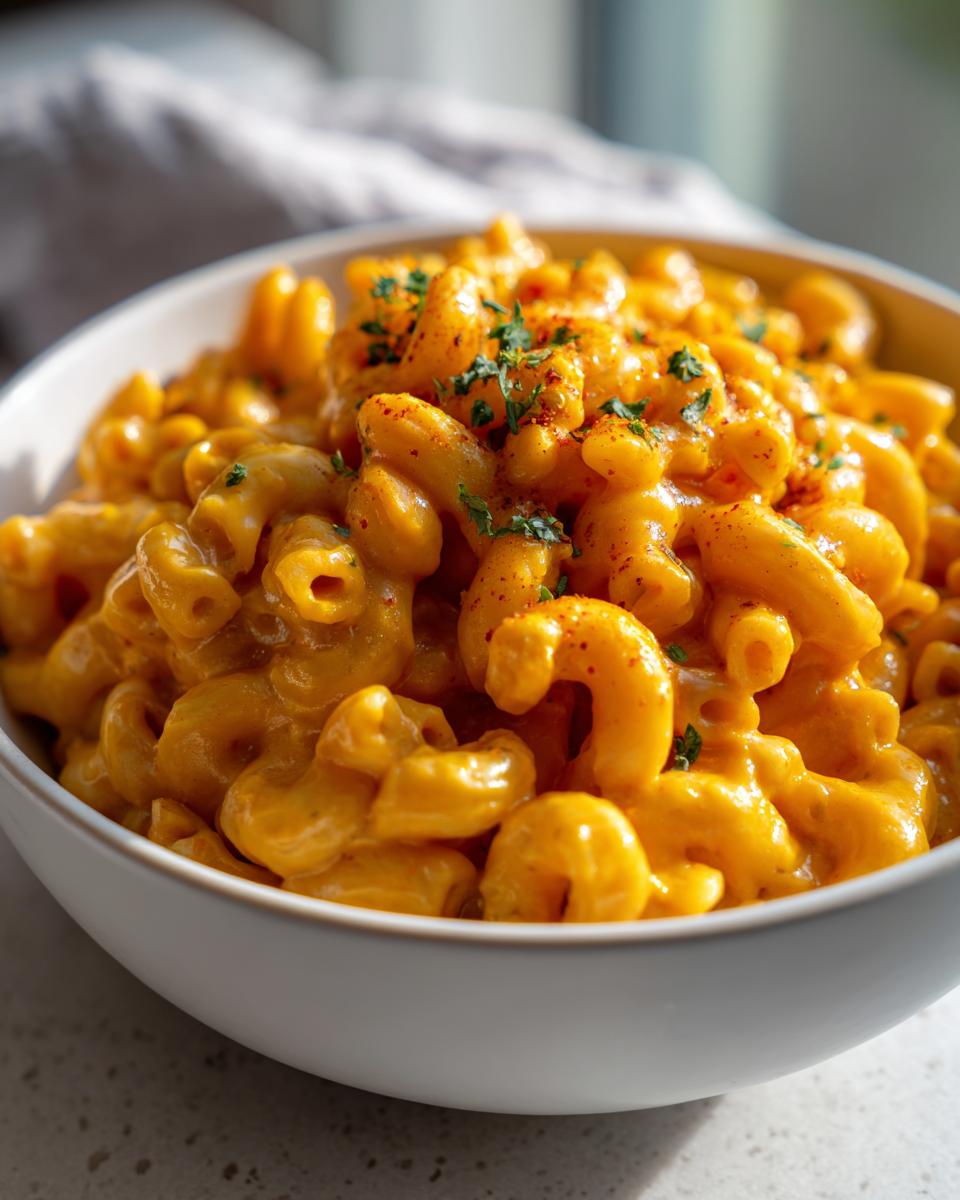 Close-up of creamy pumpkin mac and cheese in a white bowl, garnished with herbs and spices.