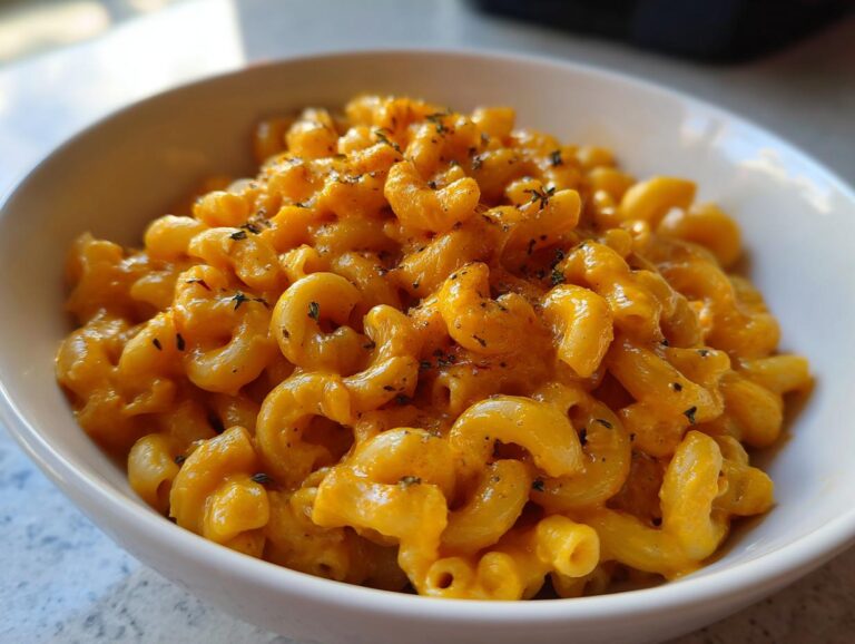 A bowl of creamy pumpkin mac and cheese, topped with herbs. Comfort food at its finest!