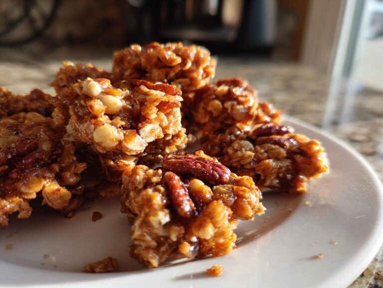 A plate of delicious, homemade Pumpkin Spice Granola bites with pecans and oats.