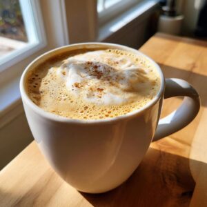 A white mug filled with a Pumpkin spice latte copycat, topped with foam and spice, sits on a wooden surface near a window.