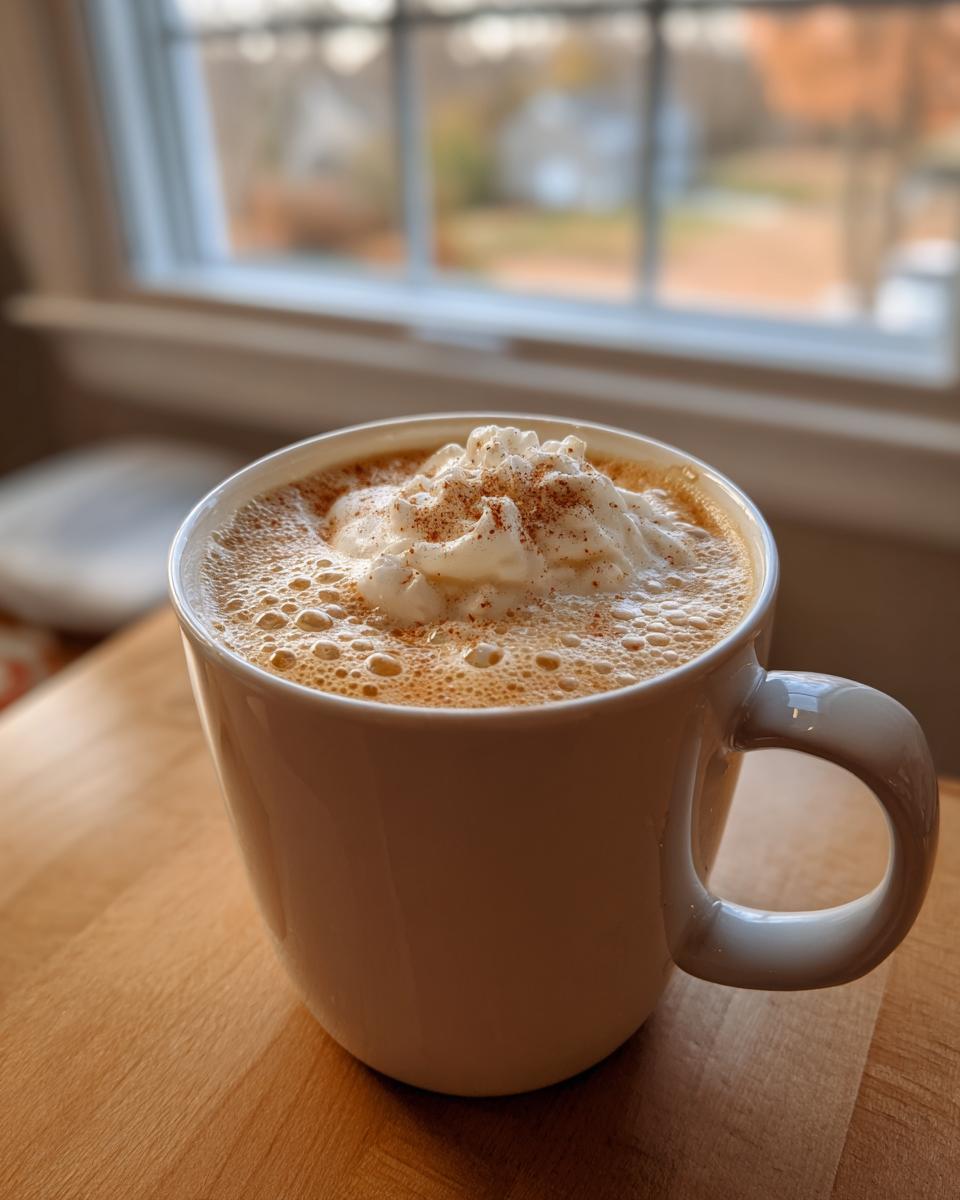 A creamy pumpkin spice latte copycat in a white mug, topped with whipped cream and spice, sits on a wooden surface.
