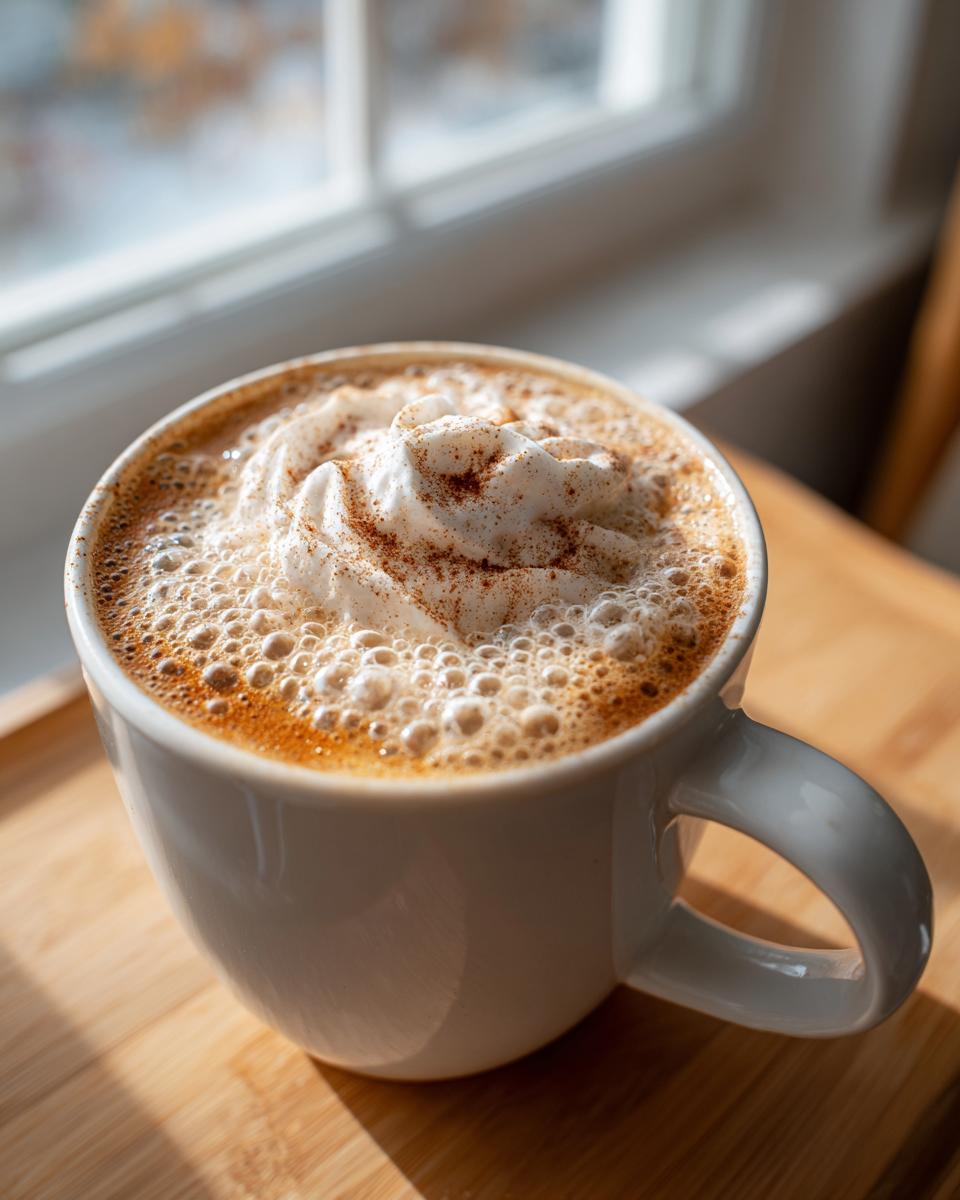 Close-up of a Pumpkin spice latte copycat with whipped cream and spice dusting in a white mug.