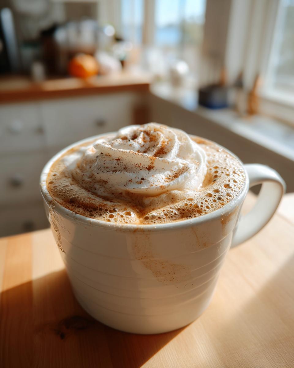A delicious Pumpkin spice latte copycat in a white mug, topped with whipped cream and spice.