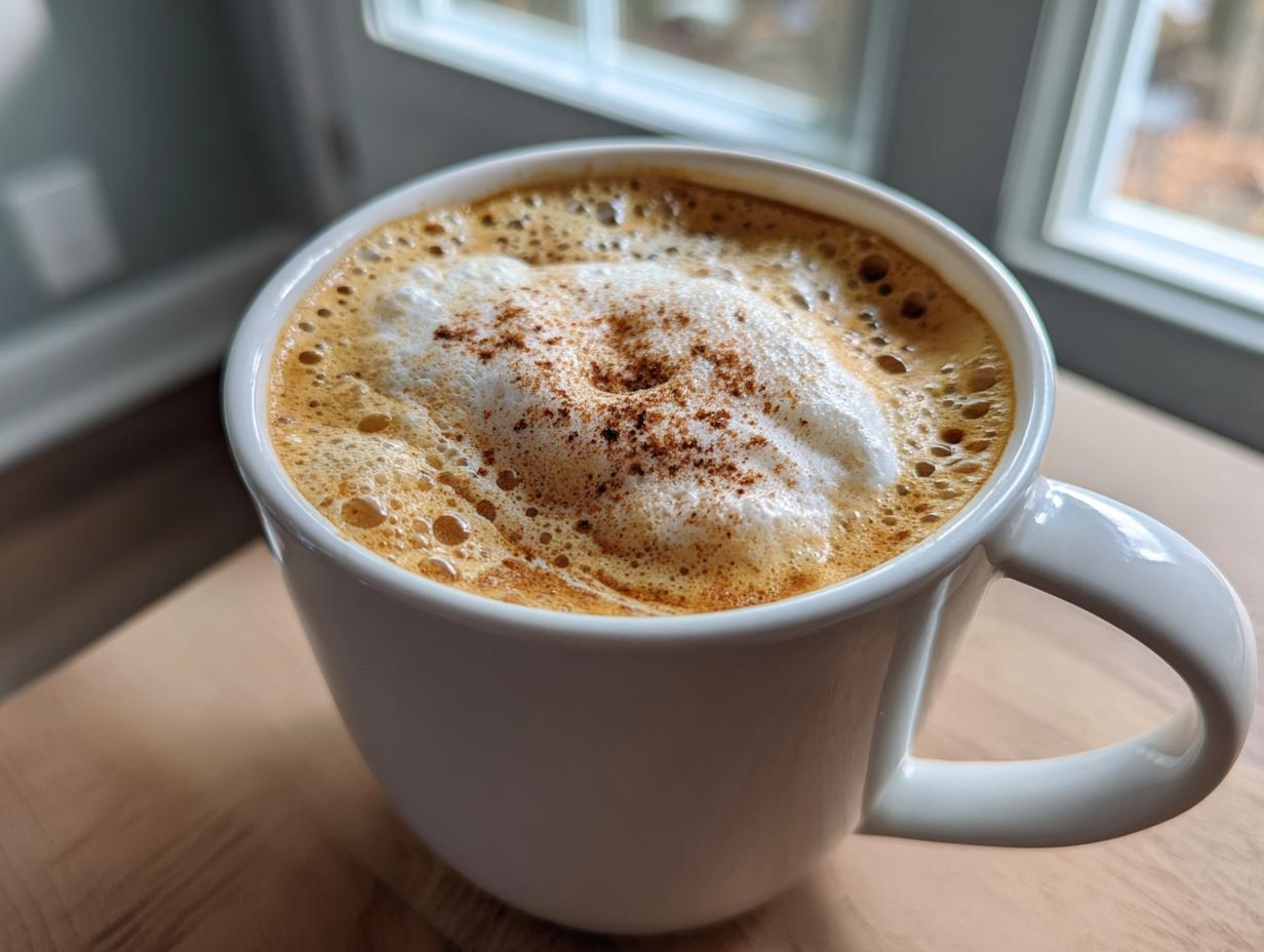 A frothy pumpkin spice latte copycat in a white mug, sprinkled with spice.