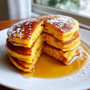 A stack of fluffy Pumpkin Spice Pancakes topped with powdered sugar and drizzled with maple syrup.