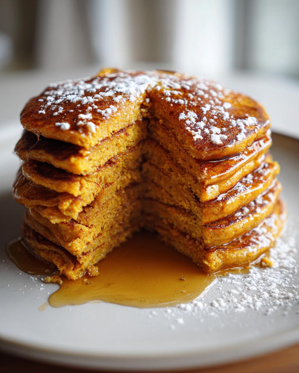 A tall stack of Pumpkin Spice Pancakes, drizzled with syrup and dusted with powdered sugar.