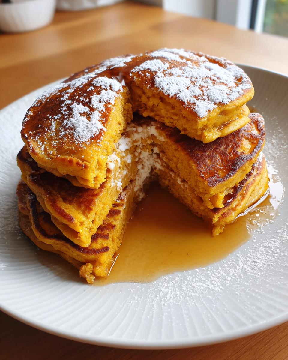 A stack of Pumpkin Spice Pancakes topped with powdered sugar and syrup on a white plate.
