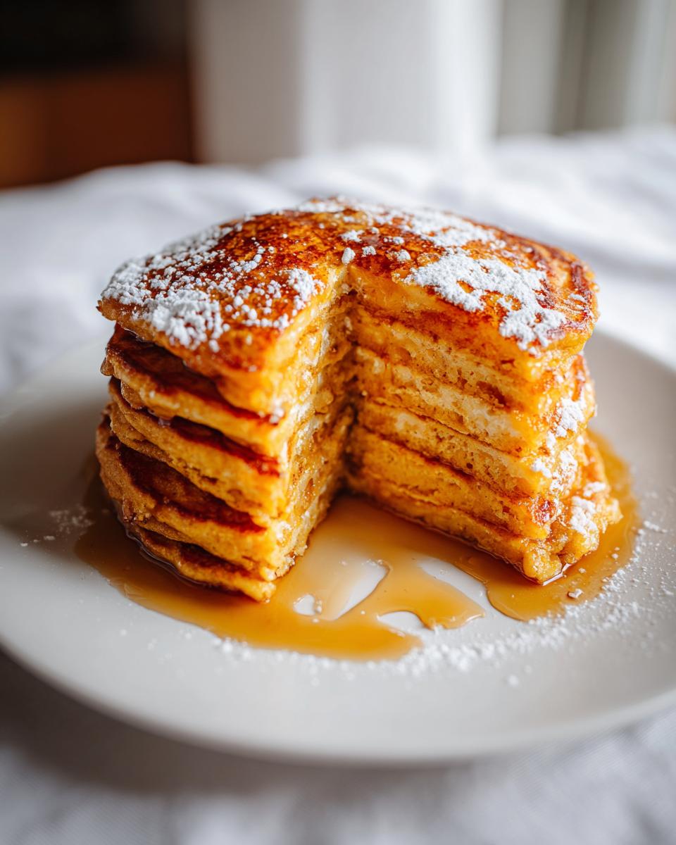 A stack of Pumpkin Spice Pancakes topped with powdered sugar and syrup on a white plate.