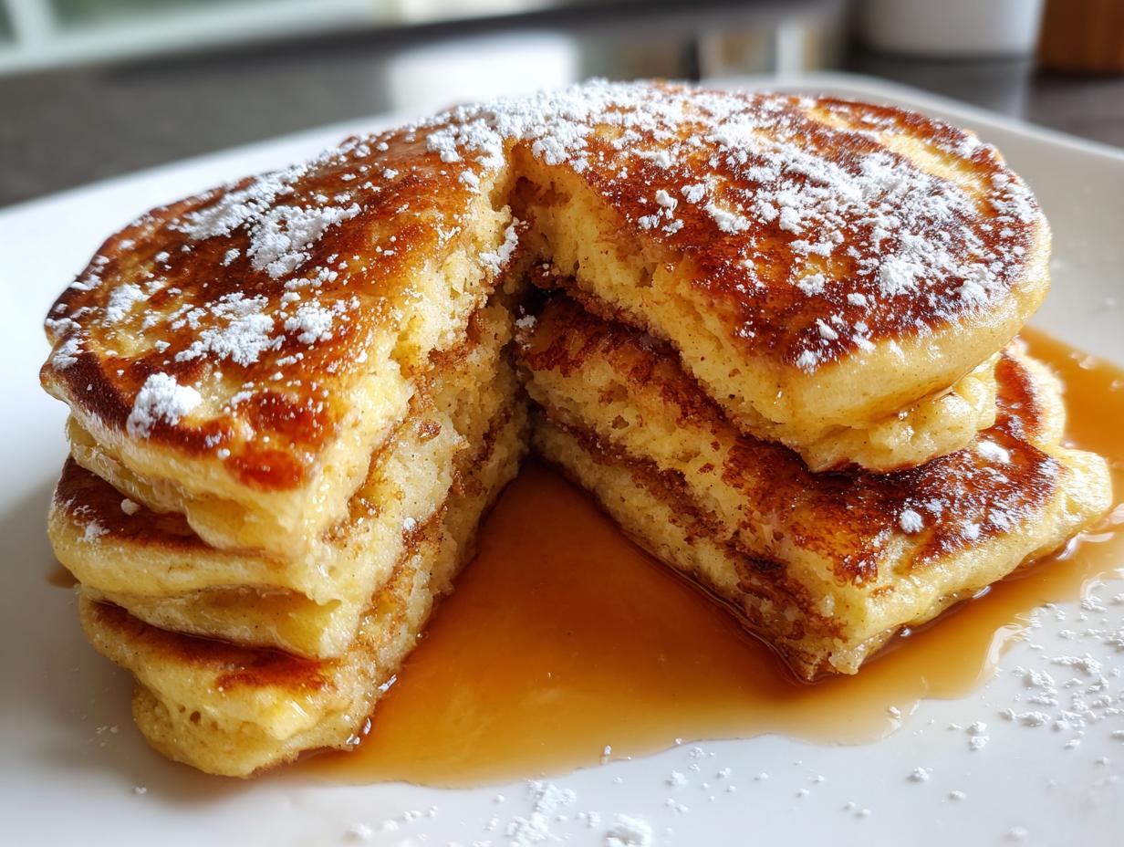 A stack of fluffy Pumpkin Spice Pancakes topped with powdered sugar and drizzled with syrup.