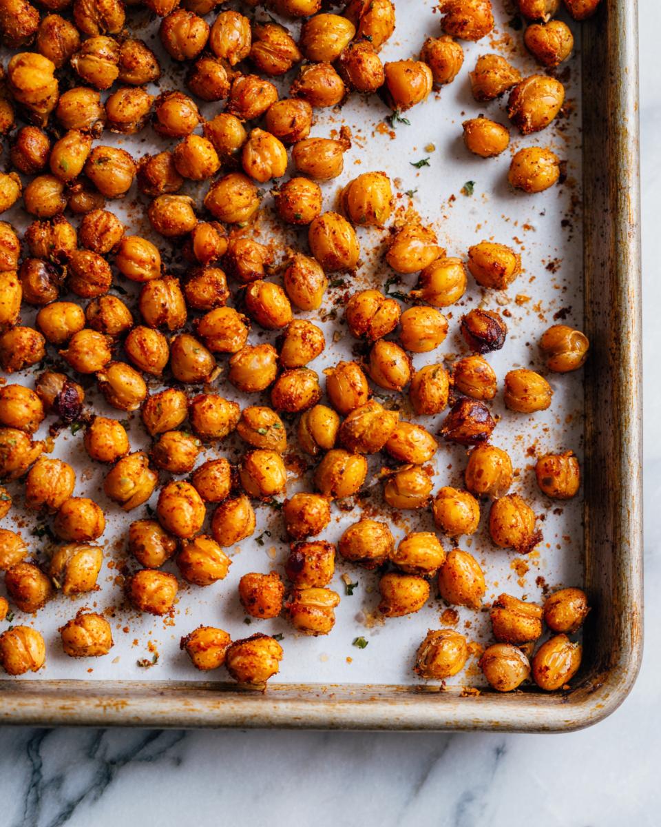Overhead view of golden brown Roasted Chickpeas seasoned on a baking sheet, ready to eat.