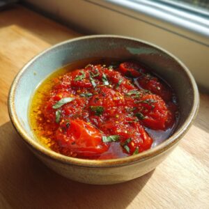 A bowl of homemade roasted tomato sauce, garnished with fresh basil, sits on a wooden surface.