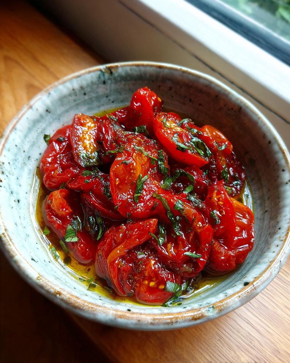Close-up of a bowl filled with vibrant red roasted tomato sauce, garnished with fresh herbs.