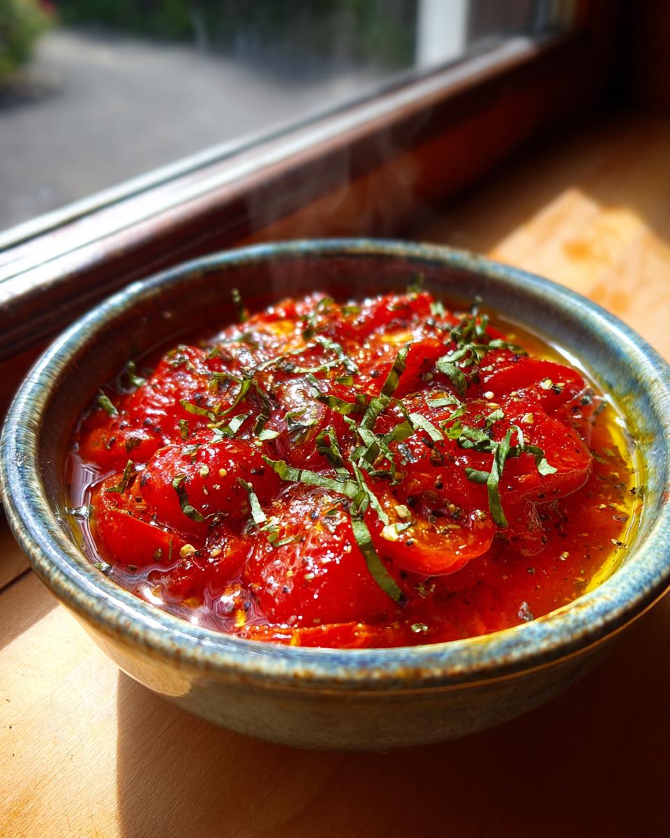A bowl of vibrant roasted tomato sauce, garnished with fresh basil, sits on a wooden surface.