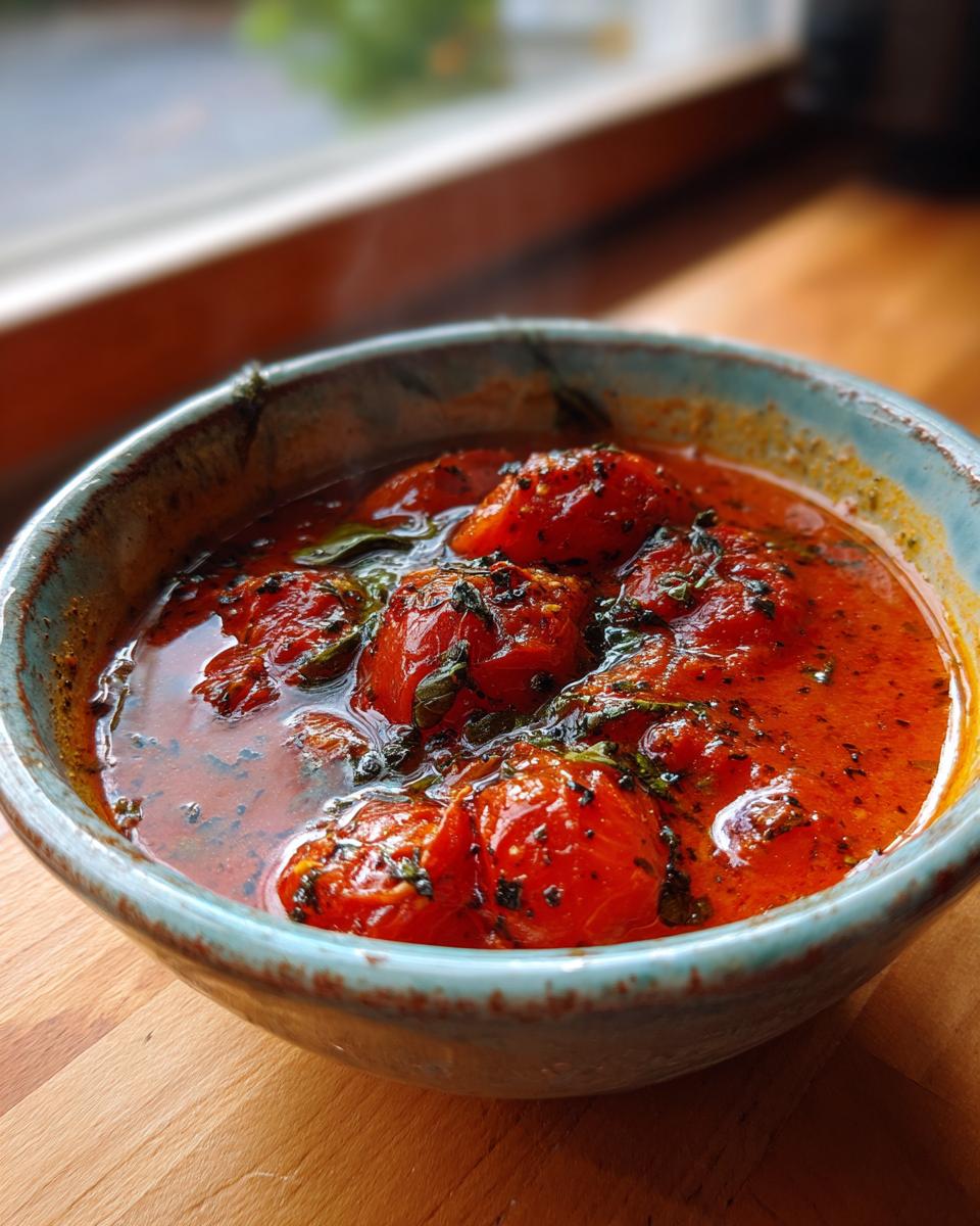 A bowl filled with delicious, homemade roasted tomato sauce with herbs.