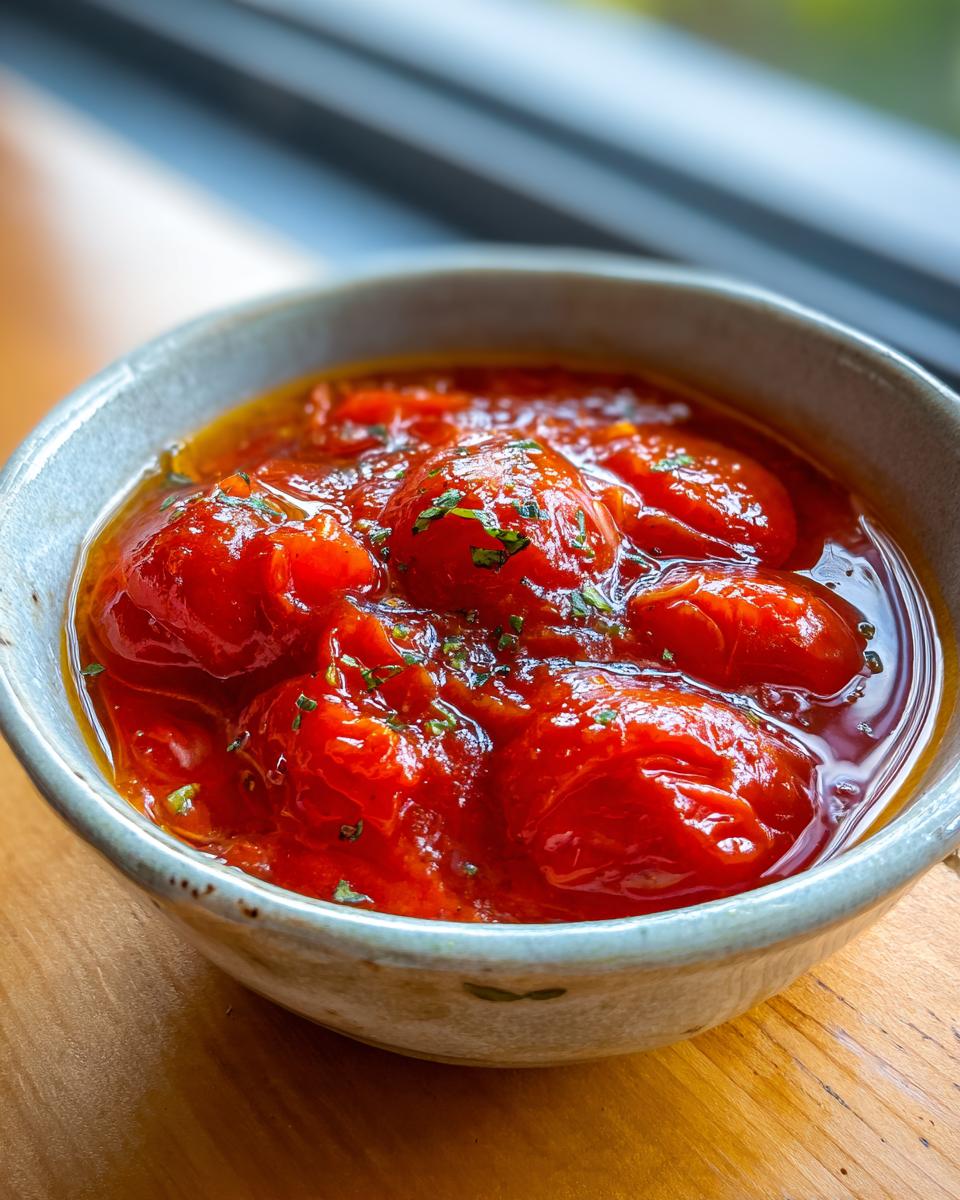 Close-up of a bowl filled with vibrant, homemade Roasted tomato sauce, garnished with fresh herbs.